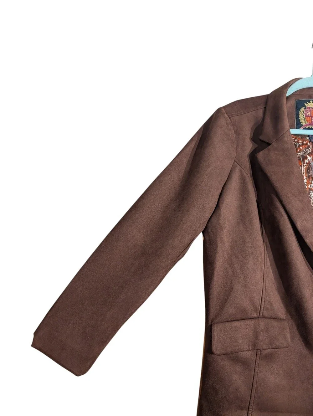 Isaac Mizrahi Live Brown Faux Suede Blazer Jacket 1X Paisley Lined - Picture 5 of 10